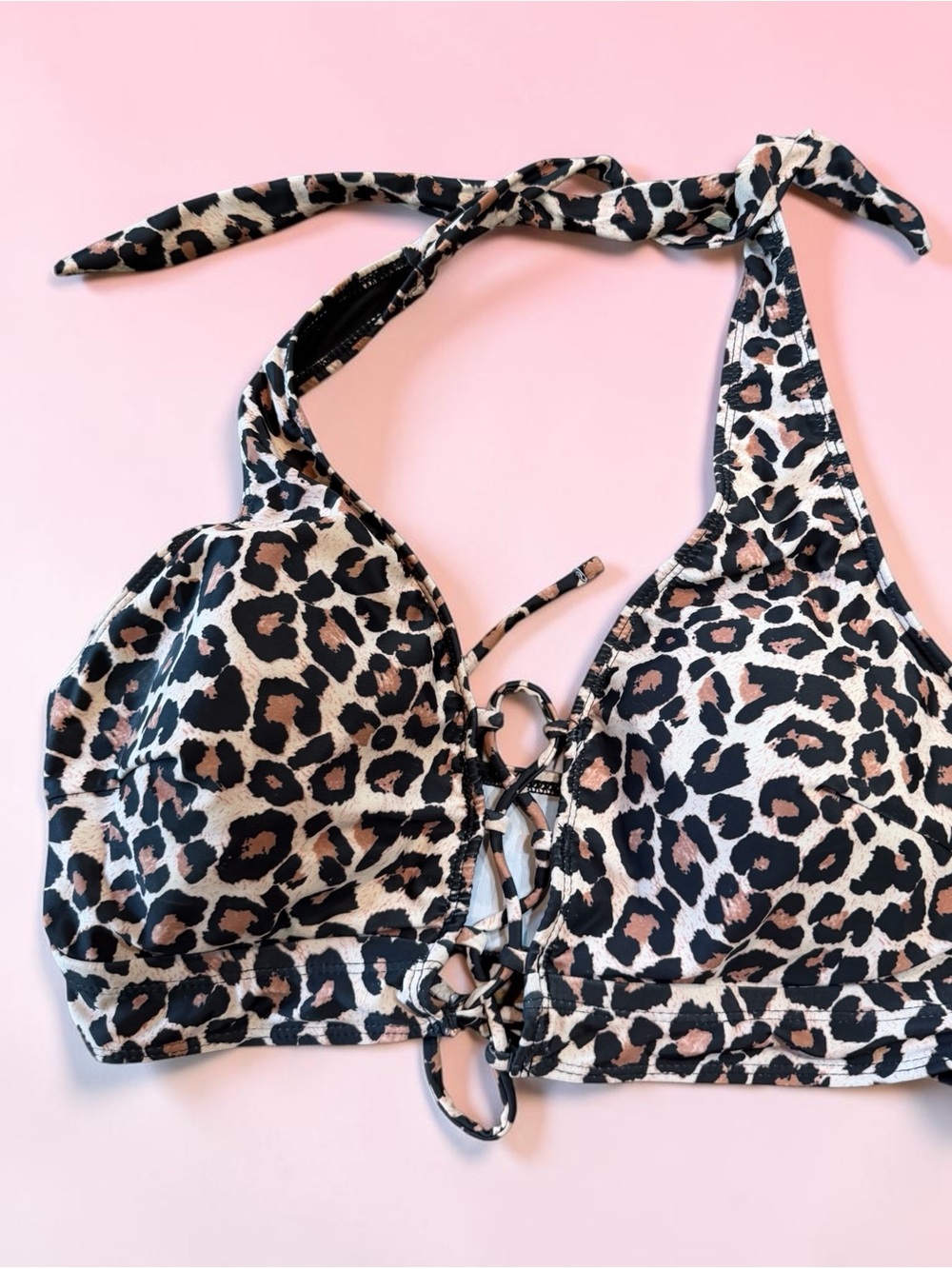 Leopard Lace-Up Halter Bikini Top - Black & Tan